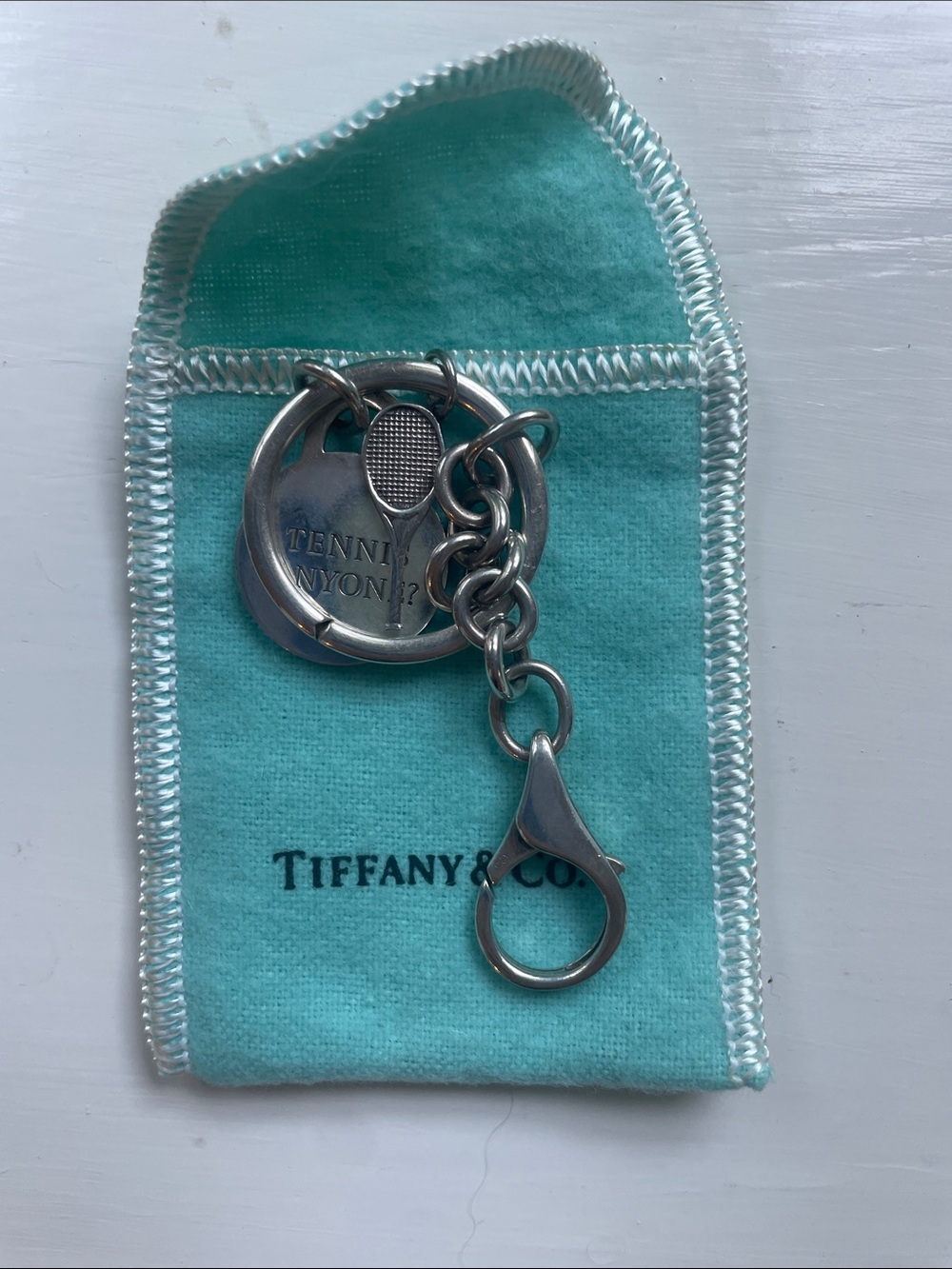 Tiffany & Co. Silver Tennis Racket Keyring with Blue Pouch